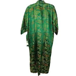 Kimono Green Woven Robe Short Sleeves Front Pockets Belted Made in Shang Hai